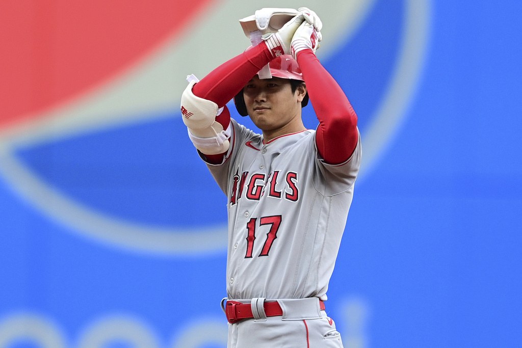 Shohei Ohtani of the Los Angeles Angels celebrates wearing a