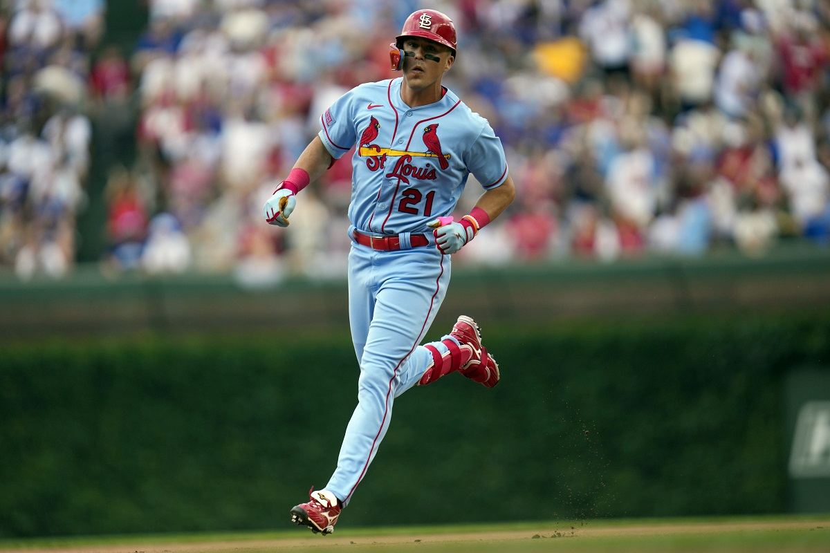 Lars Nootbaar of the St. Louis Cardinals reacts to a called strike