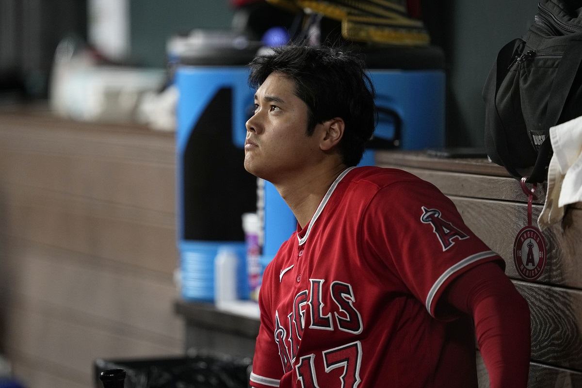 Shohei Ohtani of the Los Angeles Angels is pictured in the dugout