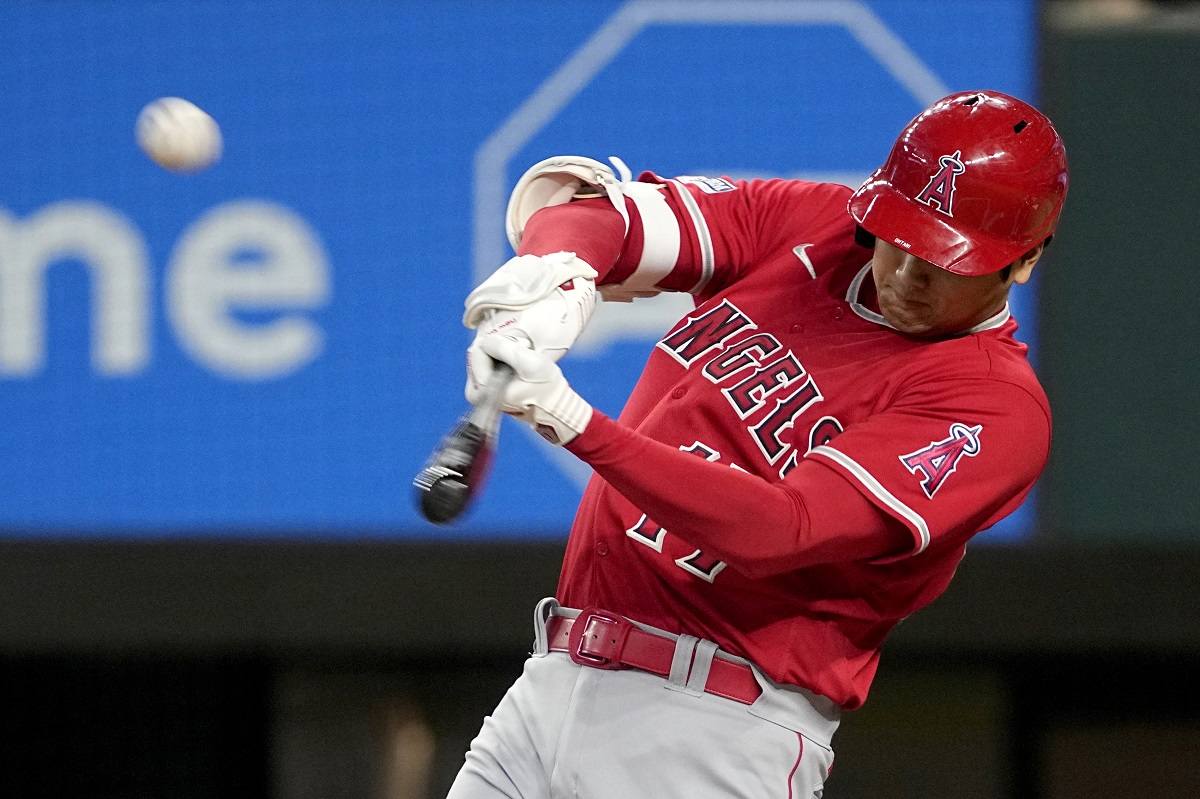 Shohei Ohtani of the Los Angeles Angels hits a solo home run in