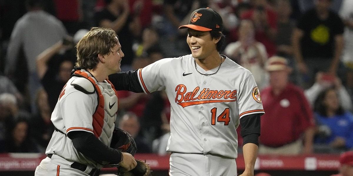 Shintaro Fujinami of the Baltimore Orioles looks on during the