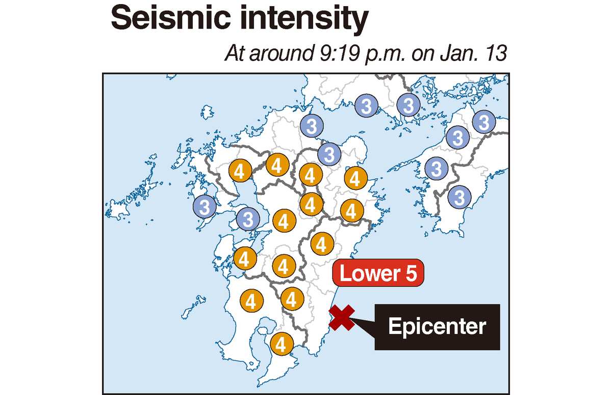 A 5-magnitude earthquake strikes Japan's Miyazaki Prefecture; Tsunami warnings temporarily issued for Miyazaki and Kochi Prefectures (Update 1)