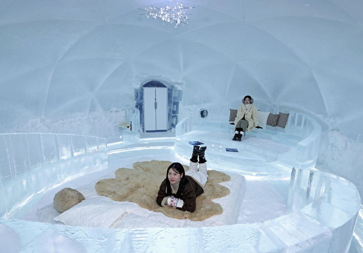 Tourists Flock to Ice Dome Lodge at Resort in Hokkaido, Japan; Facility Invites Visitors to Sleep on Beds Made of Ice